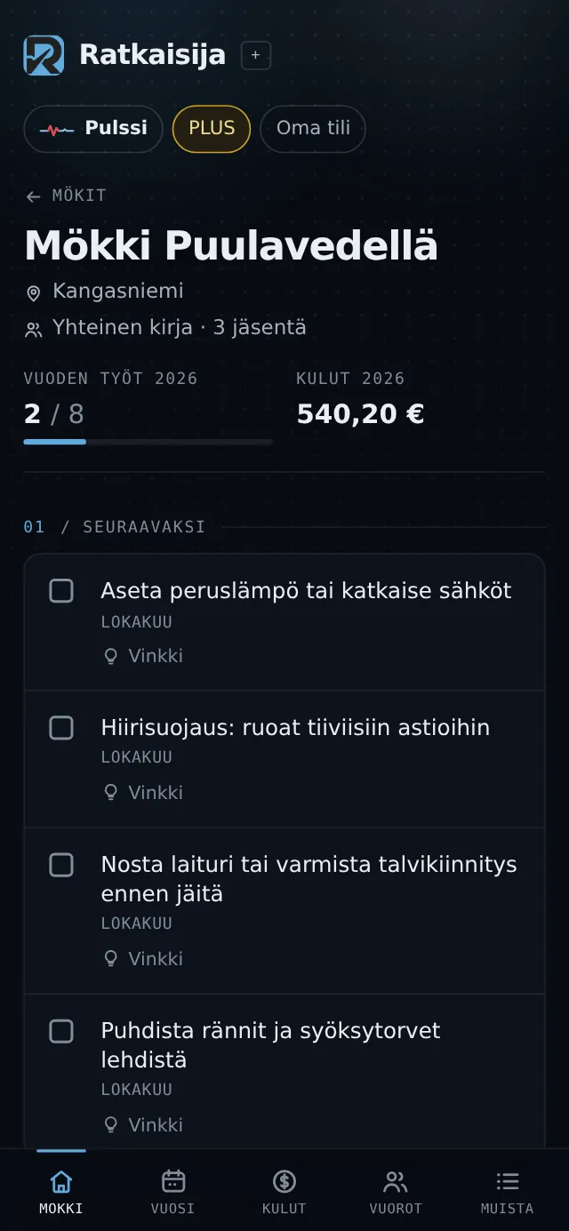 Mökkikirja: oman mökin seuraavat työt, tulevat käynnit ja vuoden kulut