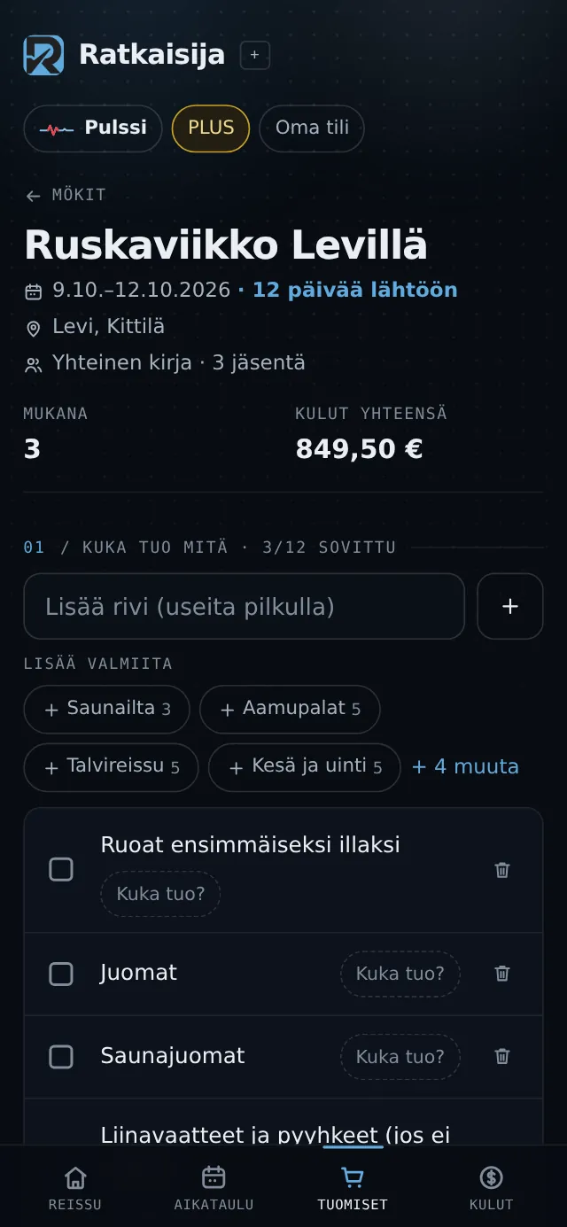 Mökkikirja: kuka tuo mitä ja valmiit listat yhdellä napautuksella