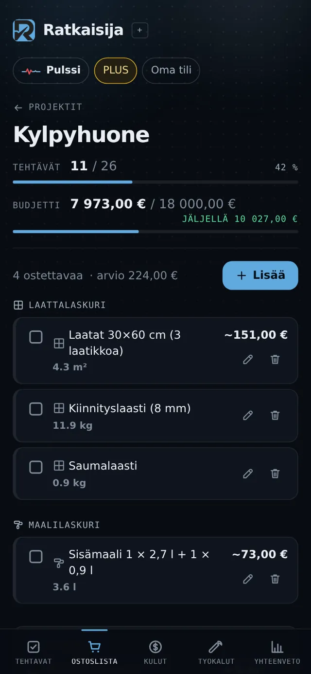 Remonttiseurannan ostoslista: laskureista tuodut materiaalit hintoineen