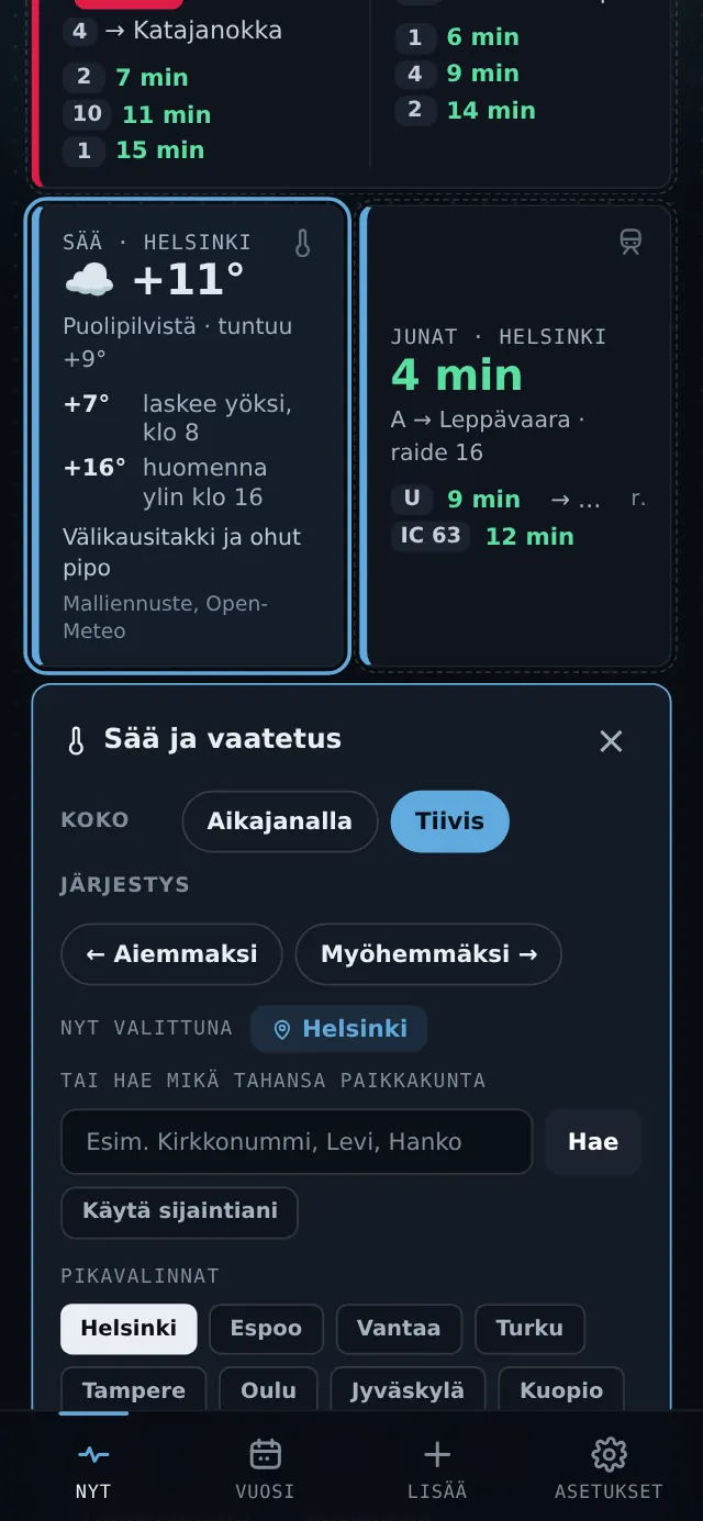 Pulssin kortin muokkaus: napautetun kortin alle aukeavat koko, j&auml;rjestys ja paikkakunta