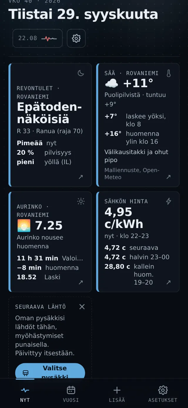Pulssi pohjoisessa: revontulet, s&auml;&auml; ja aurinko Rovaniemell&auml;